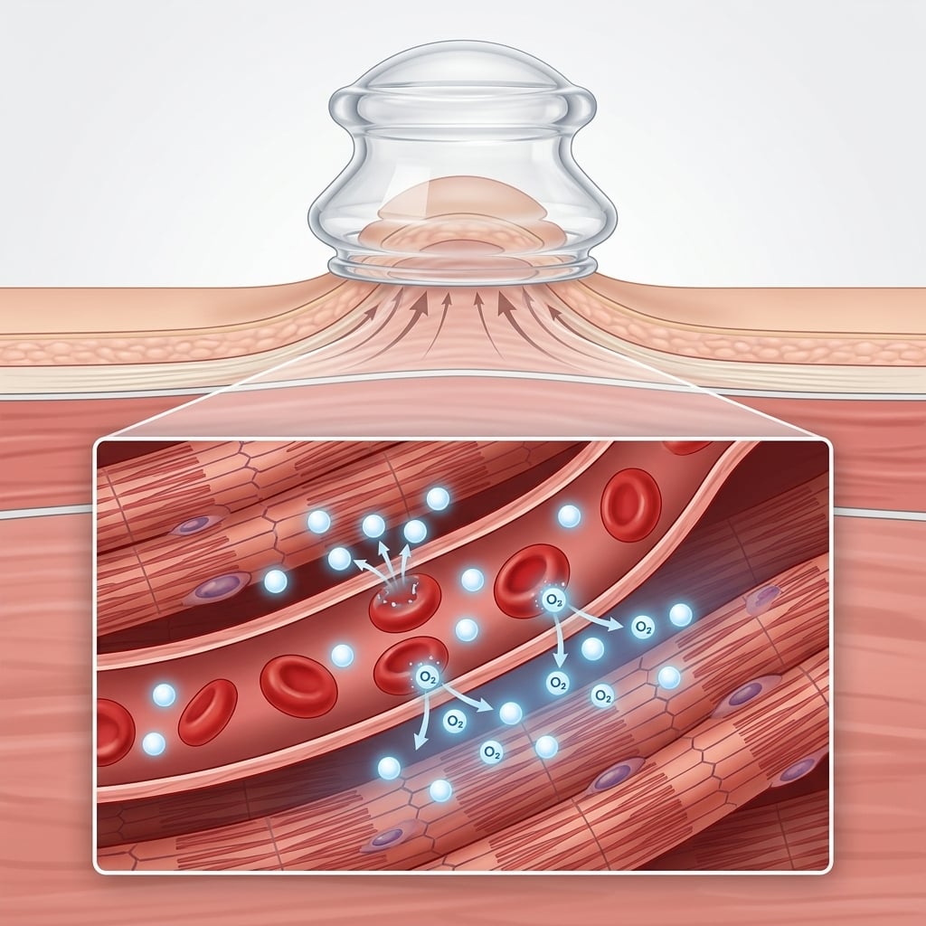 Microscopic clinical diagram showing red blood cells offloading oxygen molecules directly into the muscle fibers under a cupping vacuum.