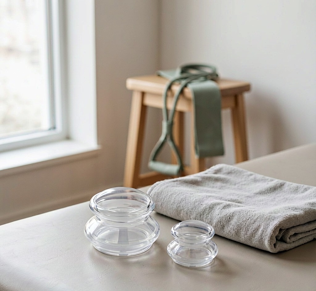 Two transparent mushroom-shaped silicone cupping cups resting on a treatment table in a physical therapy clinic room, with a resistance band on a stool in the background