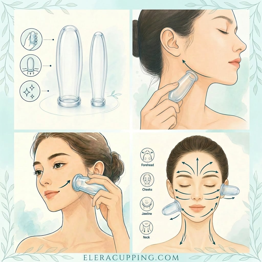Slim transparent liquid silicone facial cups used for gentle jawline, cheek, and facial pathway gliding massage