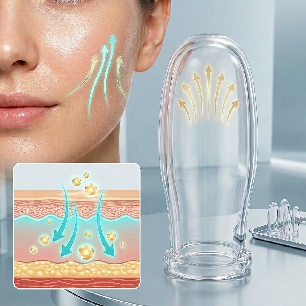 Scientific diagram showing the mechanism of vacuum suction enhancing serum absorption into the dermal layer.