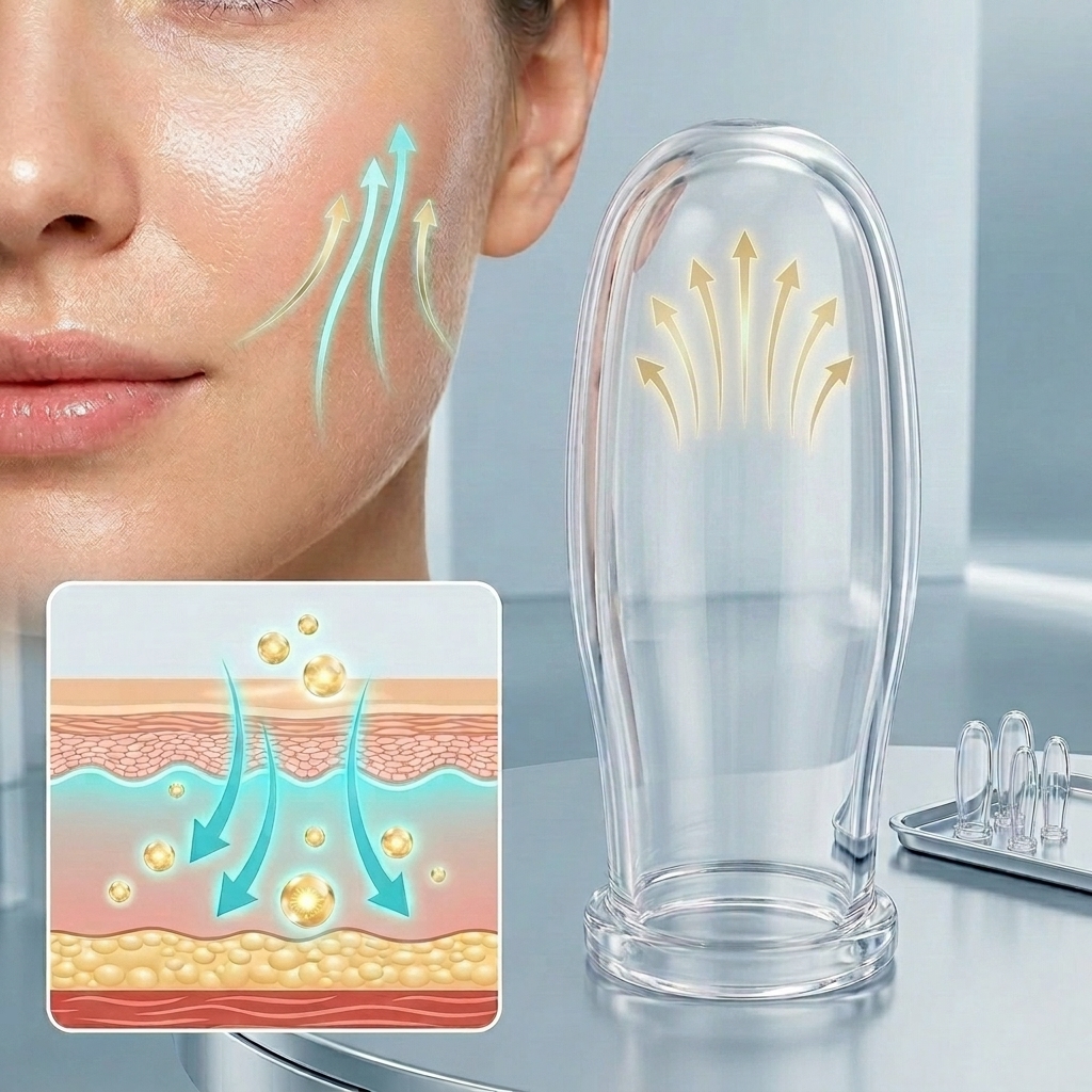 Scientific diagram showing the mechanism of vacuum suction enhancing serum absorption into the dermal layer.