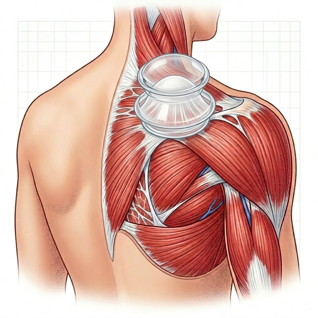 Clinical medical illustration showing a silicone mushroom cup pulling up the white fascial web, separating it from the red muscle fibers.