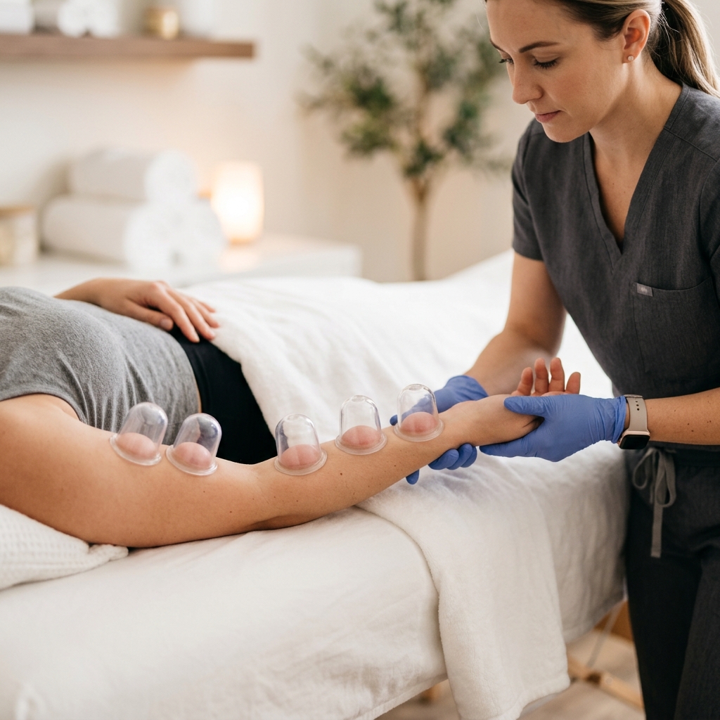 Silicone cupping applied to the forearm to treat wrist pain