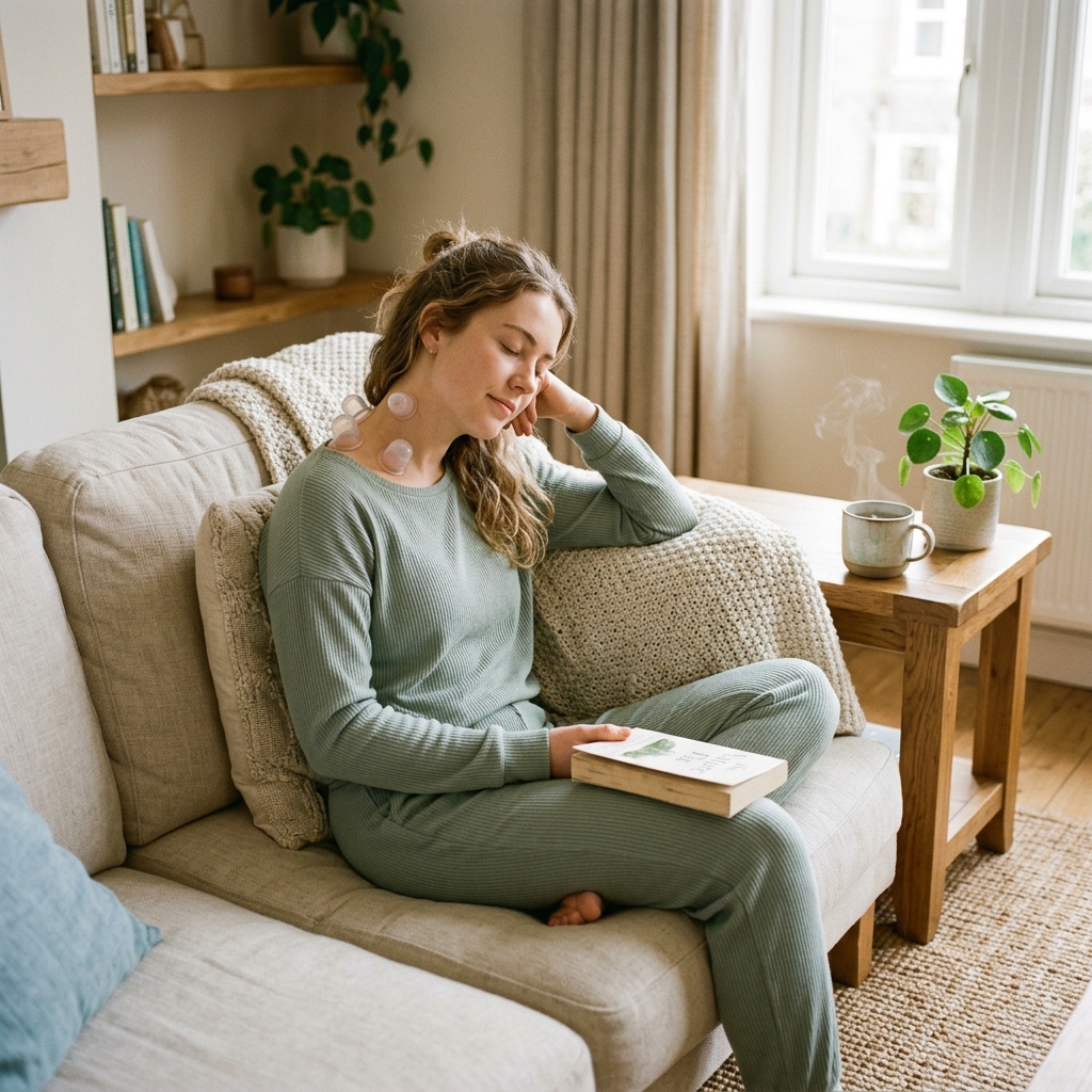 A woman experiencing a holistic home spa with silicone cupping