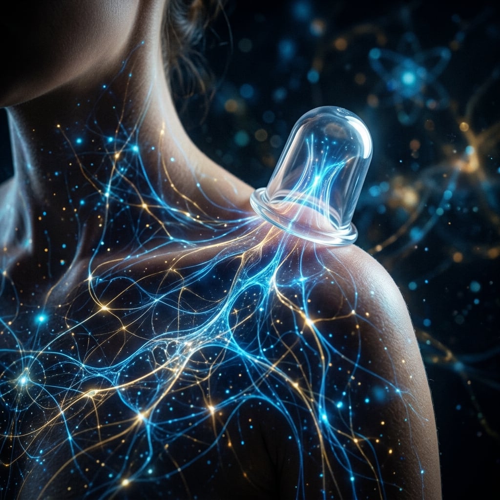 A quantum and philosophical representation of a transparent silicone cup lifting glowing energetic fascial networks.