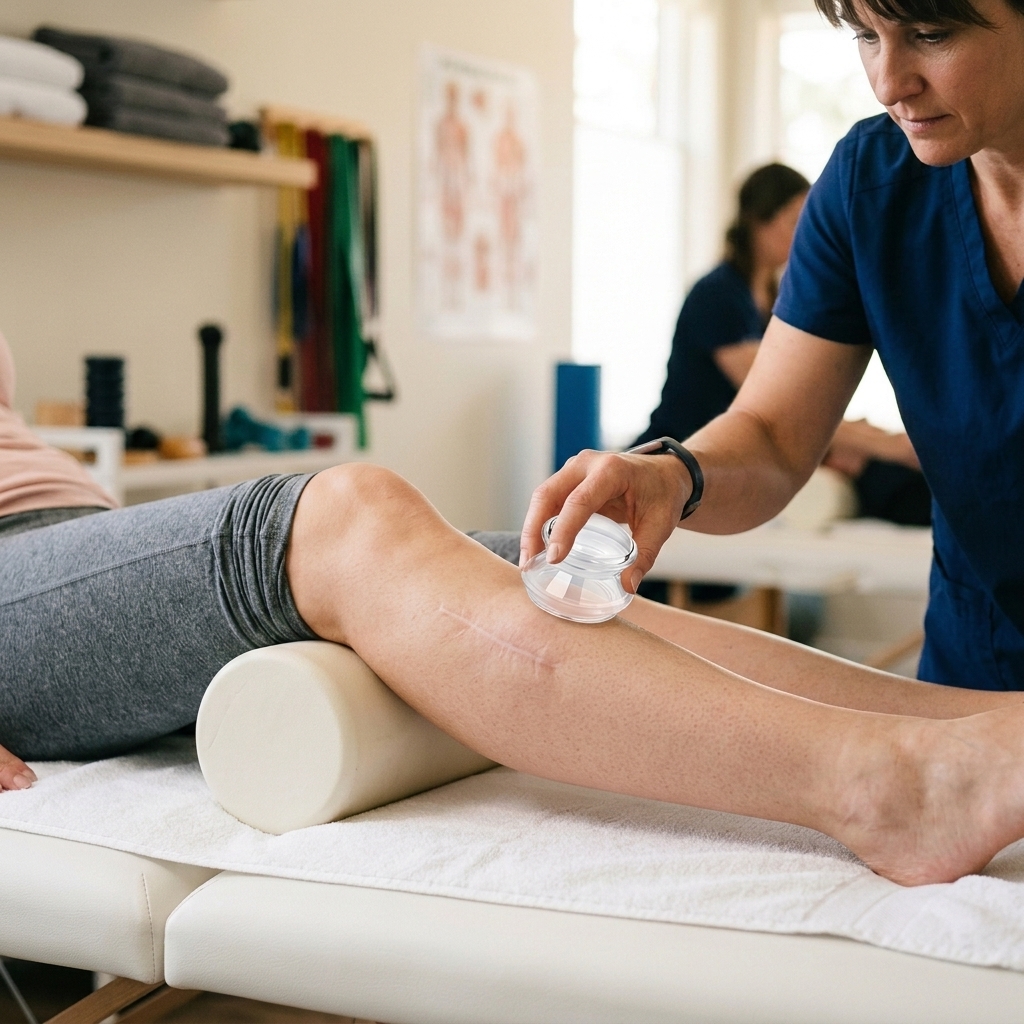 Clinical setup of silicone cupping applied near a completely healed surgical scar