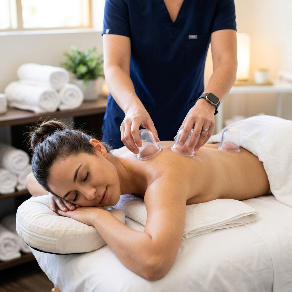 Silicone cupping on upper trapezius for Tech Neck relief