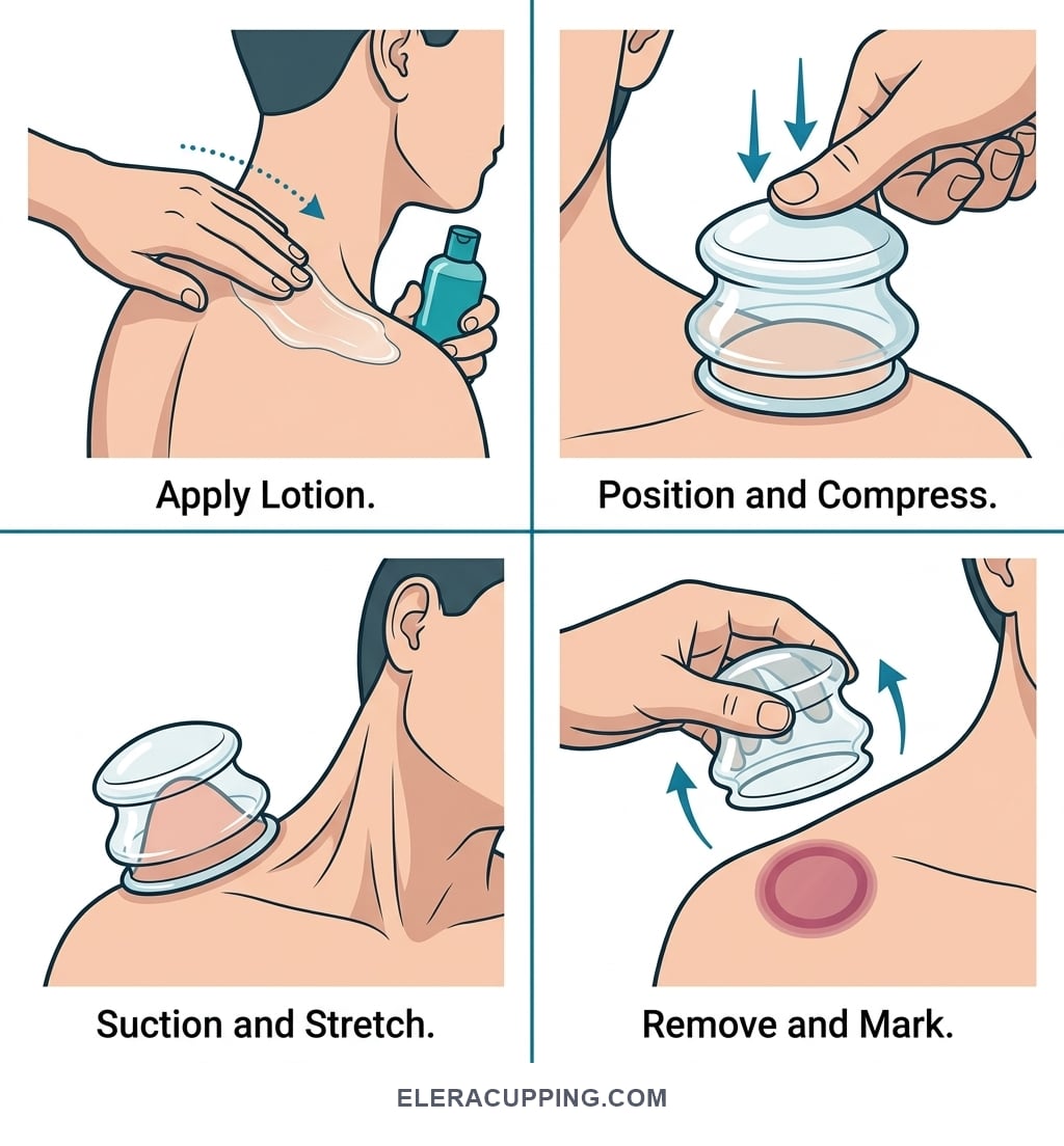 A 4-step visual guide showing how to use a silicone cupping device for tech neck relief