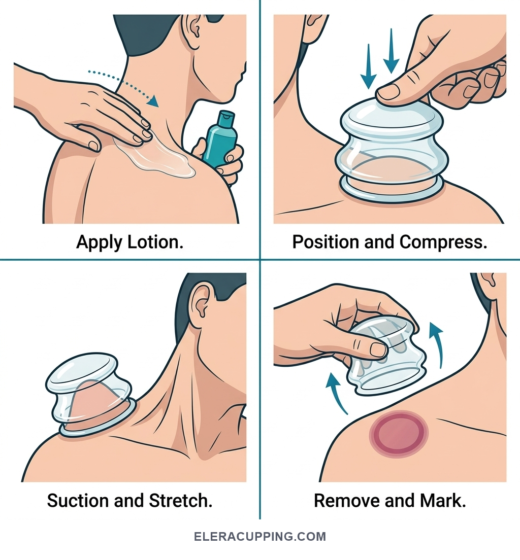 A 4-step visual guide showing how to use a silicone cupping device for tech neck relief