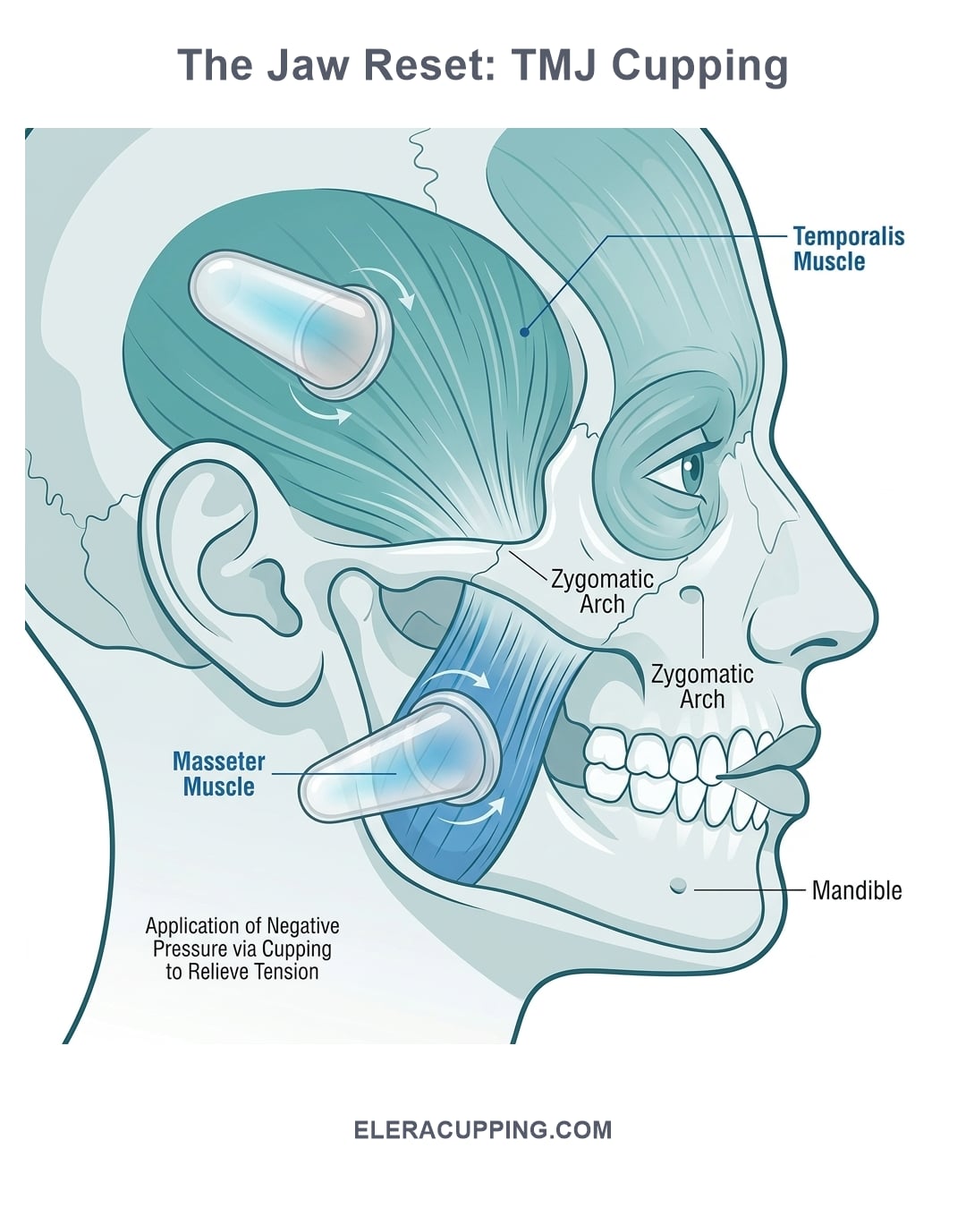 Anatomical infographic showing masseter and temporalis muscles with small silicone cup positions