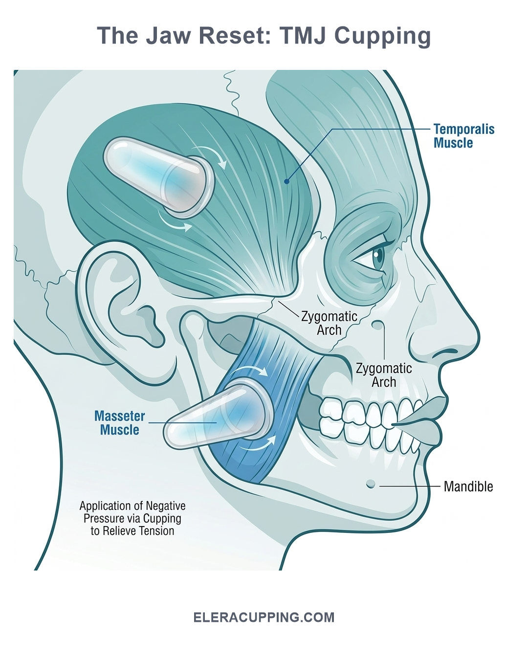 Anatomical infographic showing masseter and temporalis muscles with small silicone cup positions