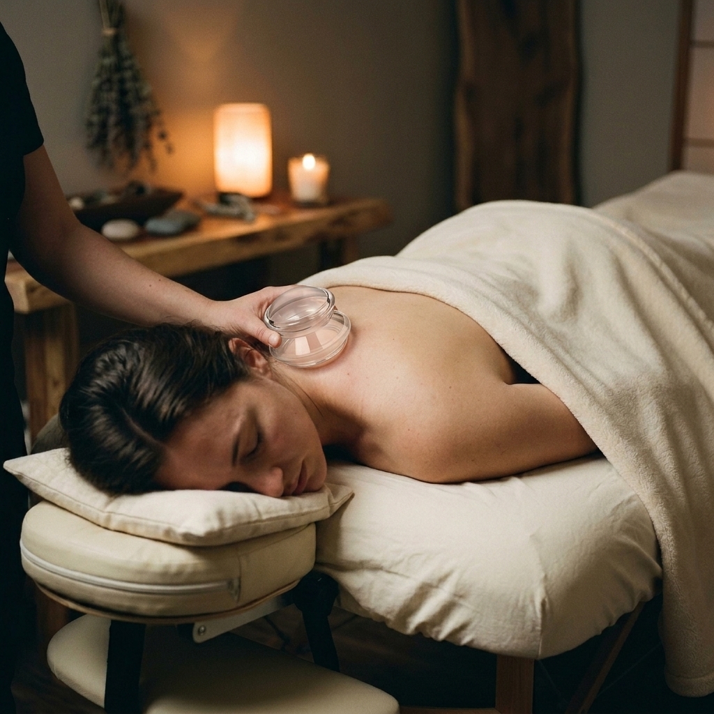 A person in deep sleep receiving a relaxing silicone cupping treatment to stimulate the vagus nerve.