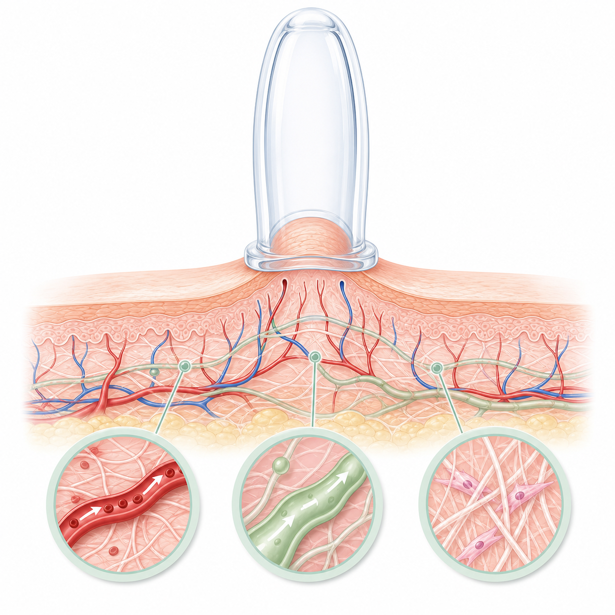 Scientific illustration of microcirculation and superficial fluid movement during facial cupping