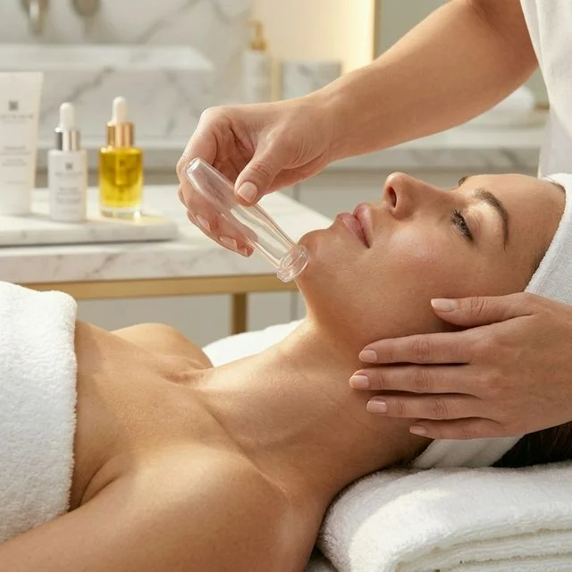 Professional esthetician performing facial cupping