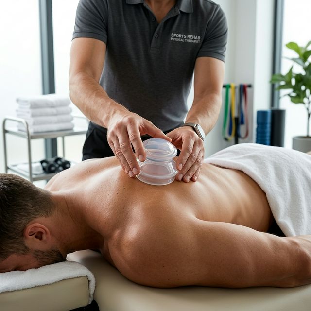 Professional using silicone cupping for sports rehabilitation