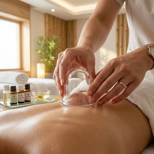 Straight cupping set being used at spa